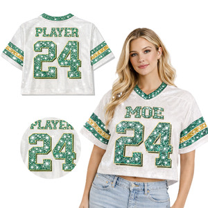 2026 Premium Rhinestone <b>Studs</b> Glitter Women American Football Jersey Crop Top Sparkly Green Gold Print Mesh Cropped Fashion OEM - Product Image 1