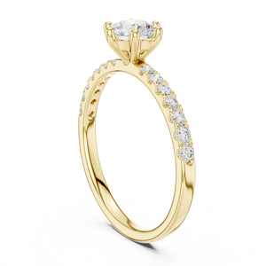Bague de fiançailles solitaire en or jaune avec diamant de laboratoire taille ronde et bande pavée, bague de promesse pour femme - Product Image 4