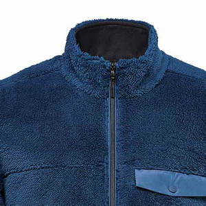 Veste polaire Sherpa bleu indigo personnalisée à fermeture éclair intégrale, texture à poils longs, poche poitrine à rabat à bouton-pression, pour l'hiver et le quotidien, vente en gros - Product Image 6