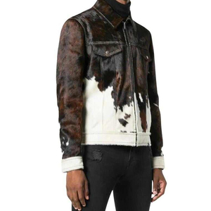 <b>Men</b>’s Cowhide Leather Trucker Jacket Black White Pattern Genuine Leather Casual Denim Style Fashion Streetwear Coat Clothing - Product Image 3