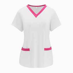 ชุดยูนิฟอร์มพยาบาลคอวีสำหรับผู้หญิง แขนสั้น ผ้าทอเนื้อยืด กระเป๋าปักลายคู่ ดีไซน์สีตัดกัน สำหรับใช้ในโรงพยาบาล - Product Image 5