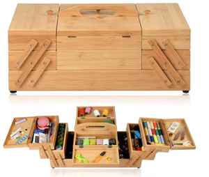 Wooden Modern Luxury Sewing <b>Box</b> Handle Accordion Style <b>Foldable</b> Multi Compartment Organizer Portable Craft Storage Threads - Product Image 1