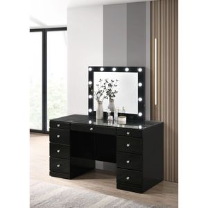 Ensemble de coiffeuse 3 pièces avec miroir LED éclairé, plateau en verre, 9 tiroirs, tabouret rond en bois, poignées en cristal noir pour chambre à coucher - Product Image 6