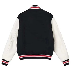 Men's Black Varsity <b>Jacket</b> With Cream PU <b>Leather</b> Sleeves Turn-down Collar Button Closure Casual Autumn Wear - Product Image 2