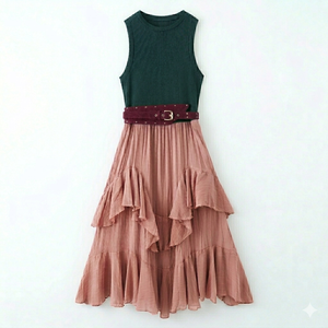 Vestido Midi Vintage de Mujer KAR&OT con Cintura Imperio, Tejido en Capas, con Cinturón y Detalles Decorativos, Primavera/Verano 2026, Nueva Llegada 5029110 - Product Image 3