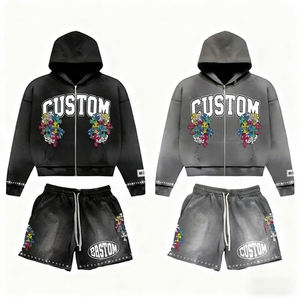 OEM 2026 Men's Custom Screen Printed Tracksuit <b>Set</b>, Full-Zip Hoodie and Shorts Two-Piece, Streetwear Hip-Hop Style Outfit - Product Image 1