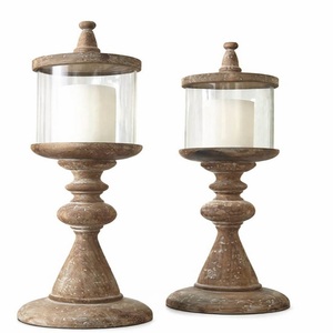 Modern Vintage Wooden Glass Hurricane <b>Candle</b> Holder <b>Set</b> Rustic Farmhouse <b>Candle</b> Stand Home Decor - Product Image 1
