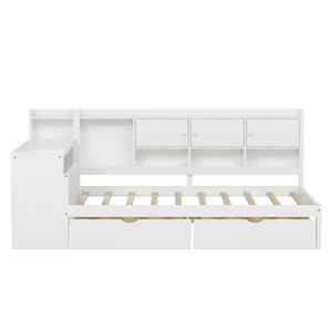 Divano letto multifunzionale a L in legno con sette armadietti e due cassetti, include scrivania integrata - Product Image 6