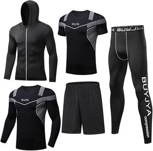 Ensemble de vêtements de sport pour homme, t-shirt à capuche compressif, short, leggings, séchage rapide, coupe ajustée, course à pied, entraînement - Product Image 1