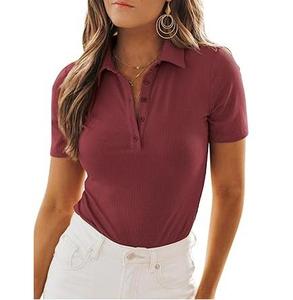 Polo ajusté pour femme de haute qualité, 100 % coton, col en V, à bon prix, avec logo imprimé superposé - Product Image 5