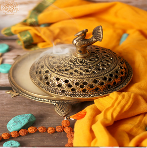 Antique brass dhoop dhoopdan <b>burner</b> with a long <b>side</b> handle and perforated lid for incense, available at wholesale prices. - Product Image 6