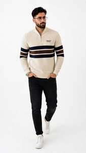 Pull tricoté à capuche zippé pour homme avec motif rayé 100% polyester respirant pour le printemps - Product Image 1