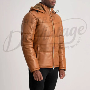 Premium Men's Brown Puffer <b>Leather</b> <b>Jacket</b> with Removable Hood Warm Quilted Winter Coat Windproof Outdoor Casual Outerwear - Product Image 5