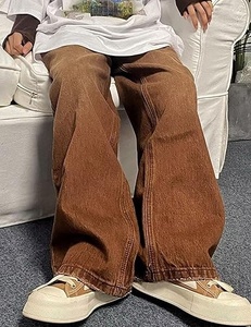 Pantalon en jean marron délavé coupe ample et large pour homme grande taille, style streetwear décontracté, taille mi-haute, 100 % coton tissé - Product Image 1