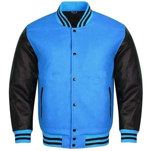 เสื้อแจ็คเก็ตวาร์ซิตี้สีน้ำเงินสำหรับผู้ชาย แขนหนัง PU สีดำ ปิดด้วยซิป สวมใส่สบายๆ ในฤดูใบไม้ร่วง - Product Image 4