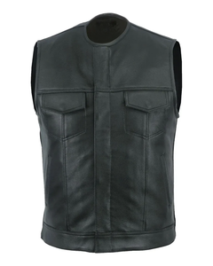 <b>Men</b>’s Club Style Black Leather Vest Collarless Motorcycle Biker Waistcoat with Sleek Minimal Design & Front Dual Closure - Product Image 6