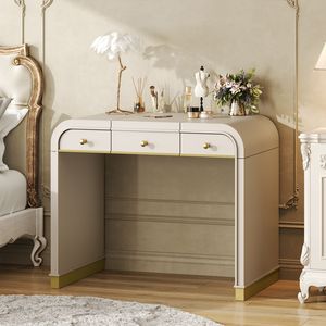 Champagne Classic Wood Vanity <b>Desk</b> for <b>Bedroom</b> 3-in-1 Dressing Table with Flip Mirror and 2 Drawers for Makeup Storage - Product Image 3