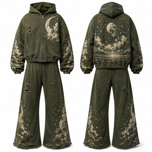 Survêtement unisexe vert olive à capuche, épais, imprimé intégral motif lune et nuage, coupe ample, décontracté, pour l'hiver, avec taille élastique latérale - Product Image 1