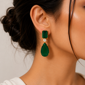 Pendientes de lujo al por mayor, chapados en oro de 18 quilates, con doble esmeralda verde, corte octogonal, piedra de cristal verde esmeralda, para mujer - Product Image 3