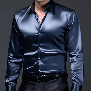 Camisa de Vestir de Seda Satinada Estampada para Hombre, Personalizable ODM, Informal, para Oficina, Manga Larga, Antiarrugas, Transpirable, Otoño-Primavera - Product Image 1