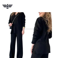 Conjunto de 2 Piezas para Mujer, Top de Manga Larga con Cuello en V y Pantalones Anchos, Estilo Casual Otoñal, Corte Holgado, Color Sólido, Tejido de Punto