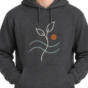 Sudadera con Capucha Gris Oscuro para Hombre con Estampado de Hojas y Ondas, Corte Regular, Diseño Casual con Logotipo Frontal, Sudadera de Algodón Ecológico - Product Image 2