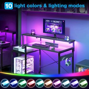 Scrivania da Gaming 48 Pollici con Luci LED, Supporto Monitor, Ripiano per Stampante, Telaio in Metallo Nero MDF - Product Image 3