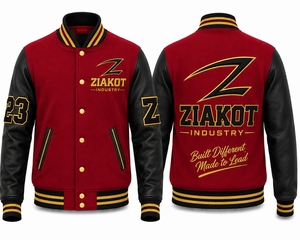 ZIAKOT Men's Red Black Varsity <b>Jacket</b> With Gold Logo Heat Transfer Printing Preppy Style Autumn Winter Wear - Product Image 1