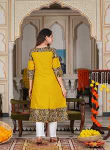 Womens Mustard Cotton Blend Kalamkari Printed A Line Kurta Kantha Work Keyhole Neck <b>Three</b> Fourth Sleeves Designed Global Wear - Product Image 3