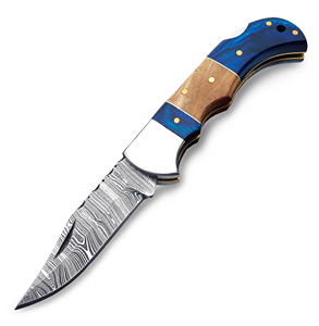 Handmade High Quality Customized Damascus Steel Pocket <b>Knife</b> Back <b>Lock</b> Folding Blade Olivewood Blue Wood Leather Sheath - Product Image 5