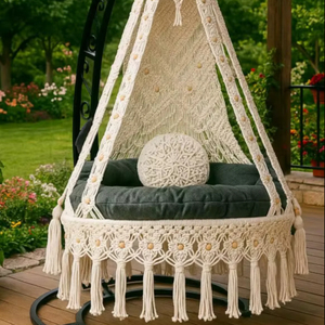 Handmade Macrame <b>Hanging</b> <b>Chair</b>: Boho <b>Outdoor</b> Swing Seat with Cushion,Housewarming Gift,Christmas - Product Image 1