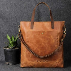 Sac fourre-tout vintage en cuir marron, sac à main rétro à bandoulière, fermeture éclair, grande capacité pour les voyages et le shopping - Product Image 1