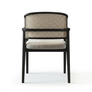 Fauteuil de salle à manger moderne en bois massif avec dossier en rotin et assise rembourrée pour restaurant, hôtel, villa - Product Image 3