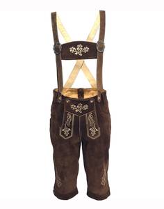 Lederhosen traditionnels pour hommes, en laine marron, taille haute, motif floral brodé, longueur capri, fermeture boutonnée, style Trachten - Product Image 1