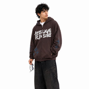 Sudadera con capucha para hombre, marrón, con cremallera, de algodón y felpa, con estampado de letras y logo frontal, manga regular, estilo casual urbano para otoño - Product Image 3