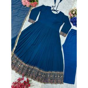 Conjunto de Traje Elegante Bhojal para Mujer, Diseño de Diseñador, Vestido Anarkali Azul con Pantalón y Dupatta para Fiesta, Talla L - Product Image 2