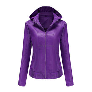 Veste à capuche en cuir violet pour femmes respirante coupe-vent confortable doublure Sherpa poches zippées longues hiver confort fini - Product Image 1