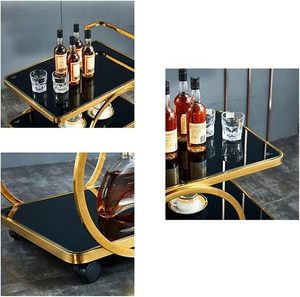 Chariot de bar à 3 niveaux en verre noir avec finition dorée, chariot à boissons roulant, mobilier de bar de luxe pour la maison, chariot de service de boissons contemporain - Product Image 3