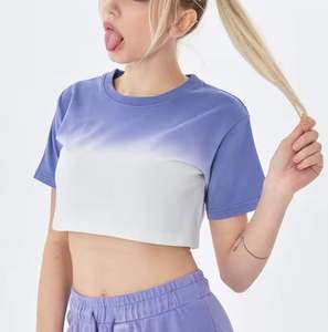 Camisetas de Dos Colores con Tinte Tipo Tie Dye de Primera Calidad, Camisetas Cortas Personalizadas para Mujer, Cuello Redondo, Algodón Grueso - Product Image 3