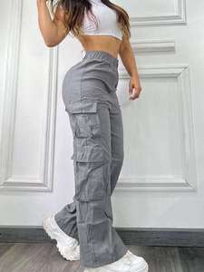 Pantalon cargo taille haute à jambes larges, plusieurs poches, taille élastique, style décontracté, automne, homme, polyester, coton, toile, poids moyen, OEM - Product Image 4