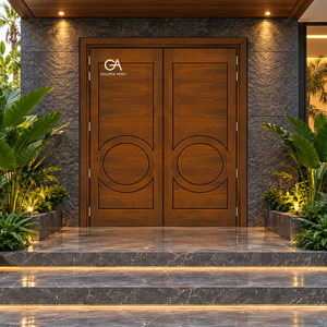 Porte d'entrée double à feuilles battantes en bois massif moderne GA-41L, design à rainures circulaires pour villa, qualité supérieure, directement de l'usine - Product Image 1