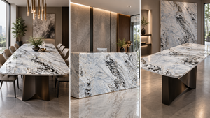 Dalle de marbre rectangulaire polie blanche Scalework, bord carré moderne sur mesure pour comptoirs de réception, tables à manger, plans de travail de salle de bain - Product Image 3