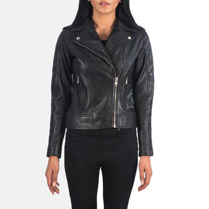Veste de motard en cuir véritable noir pour femme, manches matelassées, fermeture éclair asymétrique, imperméable, coupe-vent, automne-hiver, qualité supérieure OEM - Product Image 4