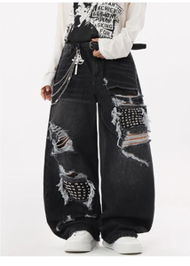 Jean en denim déchiré taille haute coupe large style punk décontracté en coton pour homme – Collection automne - Product Image 6