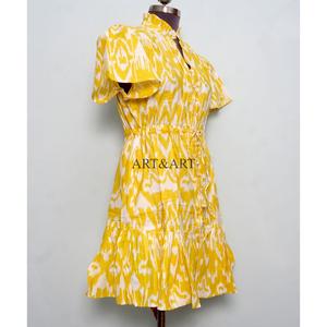 Robe Courte Femme 100% Coton Tricotée Col V Manches Courtes Taille Haute Coupe Évasée Imprimé Floral Style Bohème Lavable pour le Bureau - Product Image 5