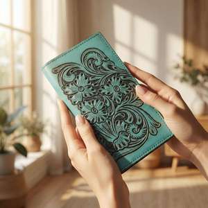 Portefeuille de voyage en cuir véritable 100% fait main, gravé de motifs floraux, pour femme, avec porte-passeport, porte-cartes d'identité, de crédit et de monnaie. - Product Image 1