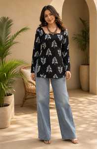 Blusa Negra para Mujer con Bordado Floral, Cuello Cuadrado, Manga Larga, Estilo Bohemio, Algodón Popelín, Corte Holgado, Primavera Verano - Product Image 2