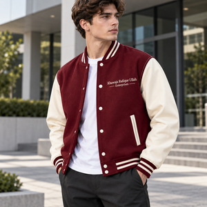 Men's <b>Black</b> And Cream Varsity <b>Jacket</b> With Embroidery Logo Front Casual Autumn Wear Regular Fit Turn-down Collar Single Breasted - Product Image 5