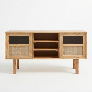 <b>Rustic</b> Wood Cabinet Rattan <b>Door</b> Storage Sideboard Balinese Handcrafted Buffet Kitchen Cupboard Home Furniture Display Item Topss - Product Image 1