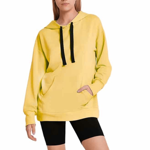 Sudadera con Capucha Oversize para Mujer, Amarillo Sólido, Tejida, Manga Larga con Bolsillos, Transpirable, Casual, Primavera Otoño, Logotipo Frontal - Product Image 2